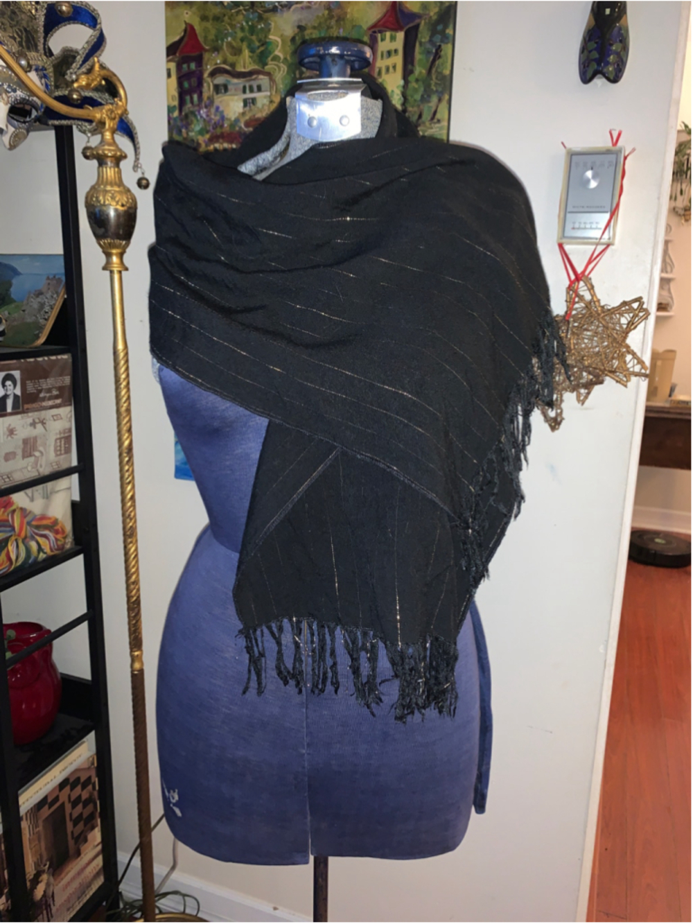 Women's Unbranded Scarf One Size Black Gold Striped Fringe Wrap